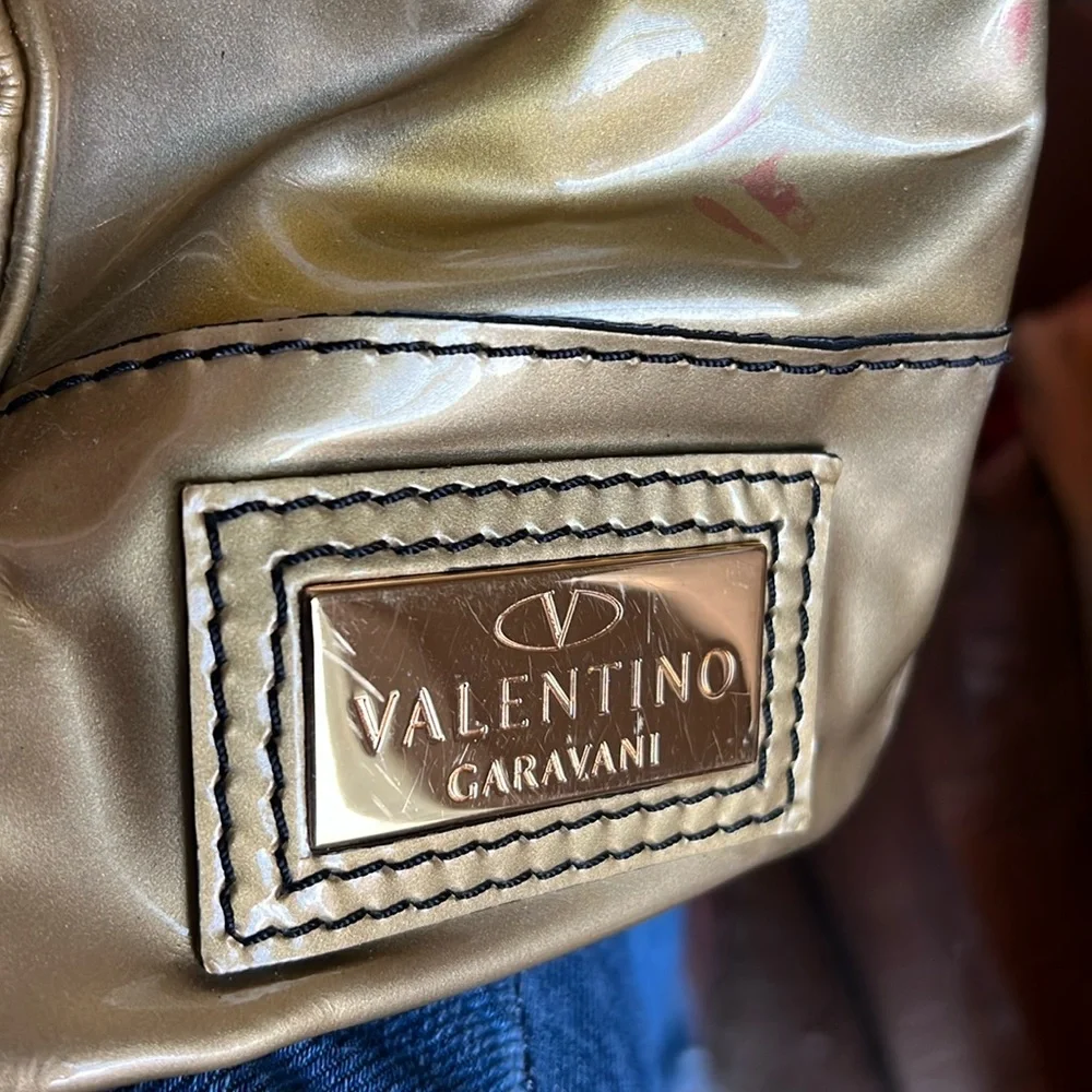 🟠NWT VALENTINO GARAVANI Histoire Braided Handle Patent Leather Satchel in Gold